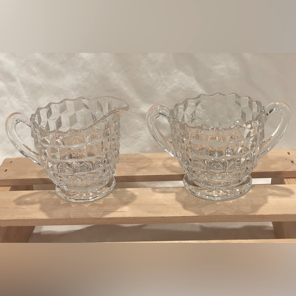 🥳BOGO! VTG Fostoria Glass “American” Geometric Pattern Mini Sugar & Creamer Set.